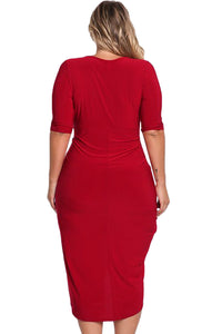 Red Plus Size Plunge Cross Strap Surplice Bodycon Dress
