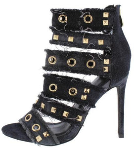 Black Denim Frayed Open Toe Embellished Strappy Heel - Desireez 