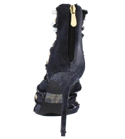 Black Denim Frayed Open Toe Embellished Strappy Heel - Desireez 