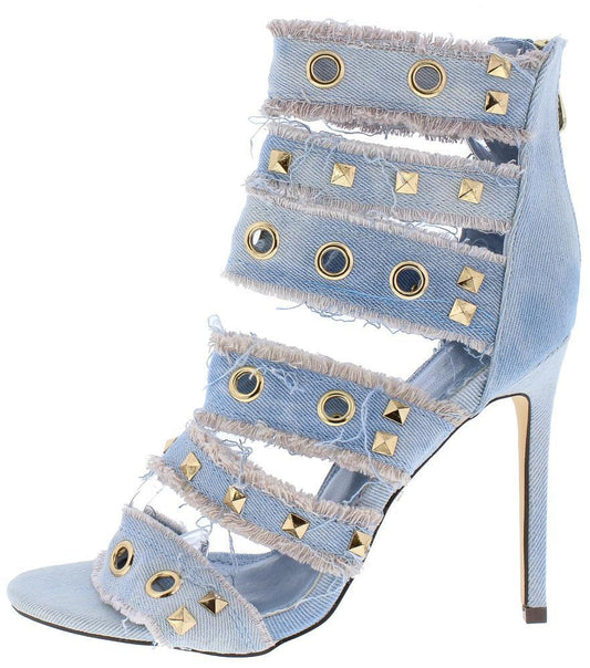 DENIM FRAYED OPEN TOE EMBELLISHED STRAPPY HEEL - Desireez 