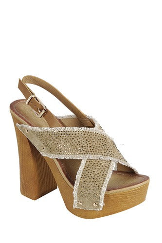 Ladies fashion ankle strap with adjustable buckle, wooden block heel Beige - Desireez 