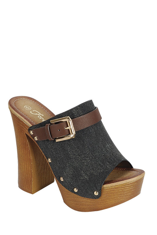 Ladies fashion denim upper slip on with buckle detail Black - Desireez 