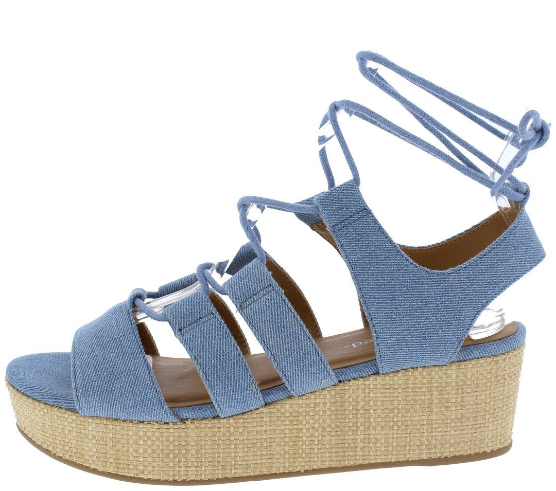 OPEN TOE GHILLIE LACE UP SLINGBACK WEDGE LIGHT BLUE - Desireez 
