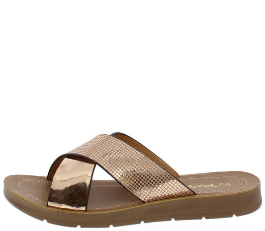 OPEN TOE CROSS STRAP SLIDE ON SANDAL Rose Gold - Desireez 