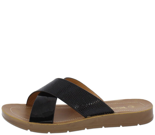 OPEN TOE CROSS STRAP SLIDE ON SANDAL Black - Desireez 