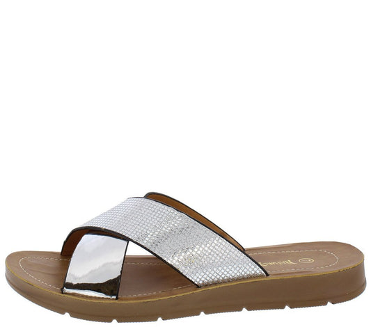 OPEN TOE CROSS STRAP SLIDE ON SANDAL Silver - Desireez 