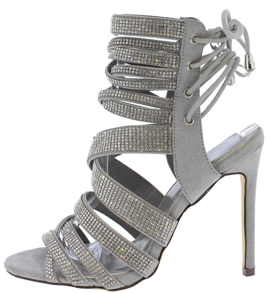 EMBELLISHED STRAPPY REAR LACE UP HEEL GRAY - Desireez 
