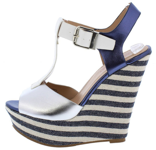 Emma123 Multi Blue Striped Peep Toe T Strap Platform Wedge - Desireez 