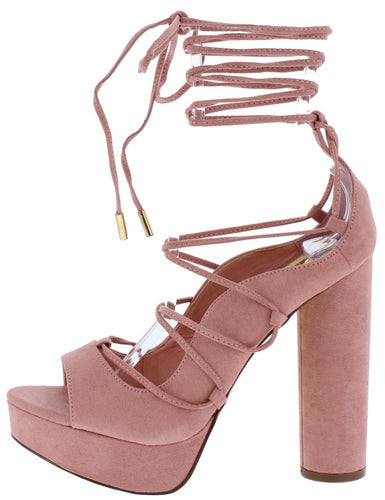 TAUPE PEEP TOE GHILLIE LACE UP BLOCK HEEL