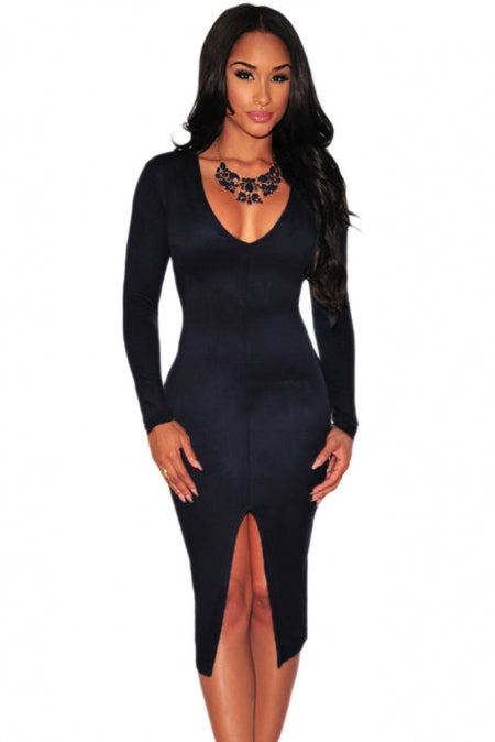 Navy Faux Suede Long Sleeves Slit Dress