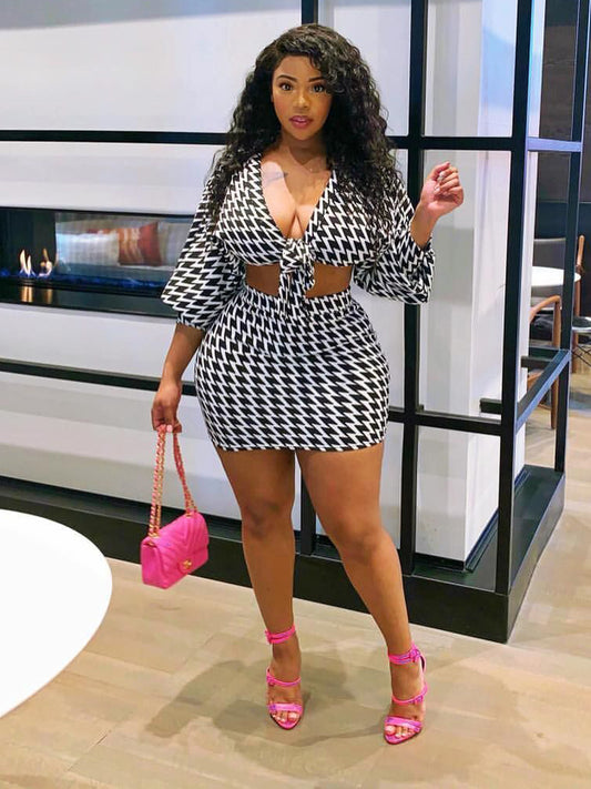 Houndstooth Two Piece Skirt Sets Black