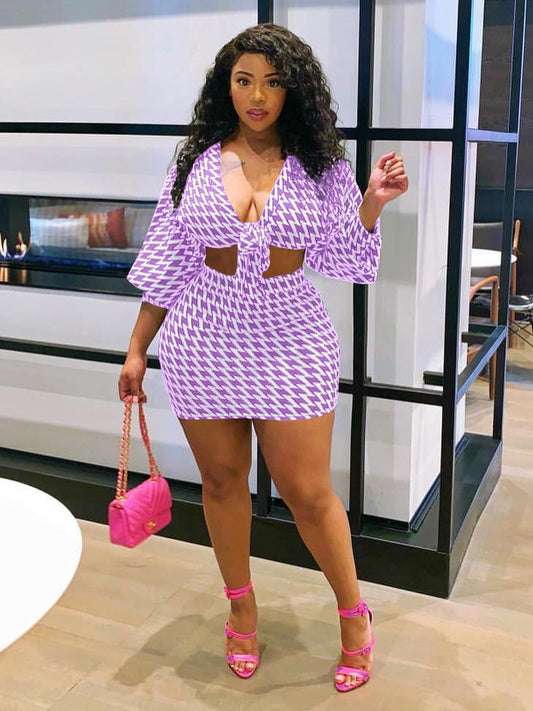 Houndstooth Two Piece Skirt Sets Purple