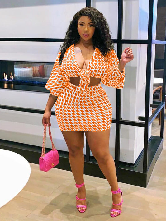 Houndstooth Two Piece Skirt Sets Orange