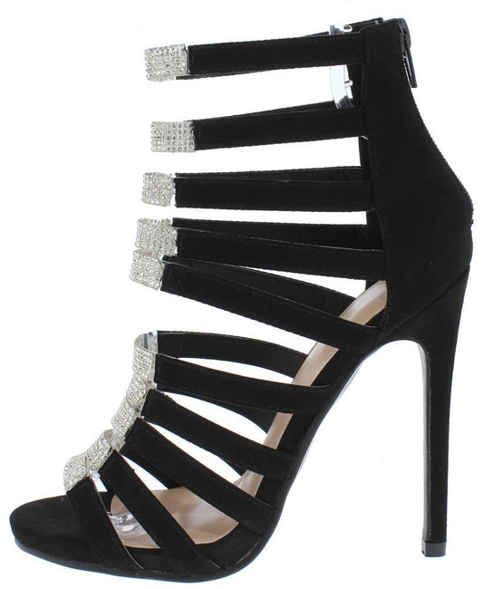 OPEN TOE STRAPPY RHINESTONE EMBELLISHED HEEL - Desireez 
