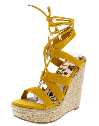 Yellow Strappy Lace Up Ankle Wrap Espadrille Wedge