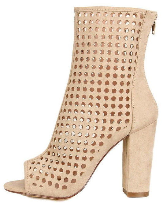 SUEDE PERFORATED PEEP TOE CHUNKY HEEL BOOT