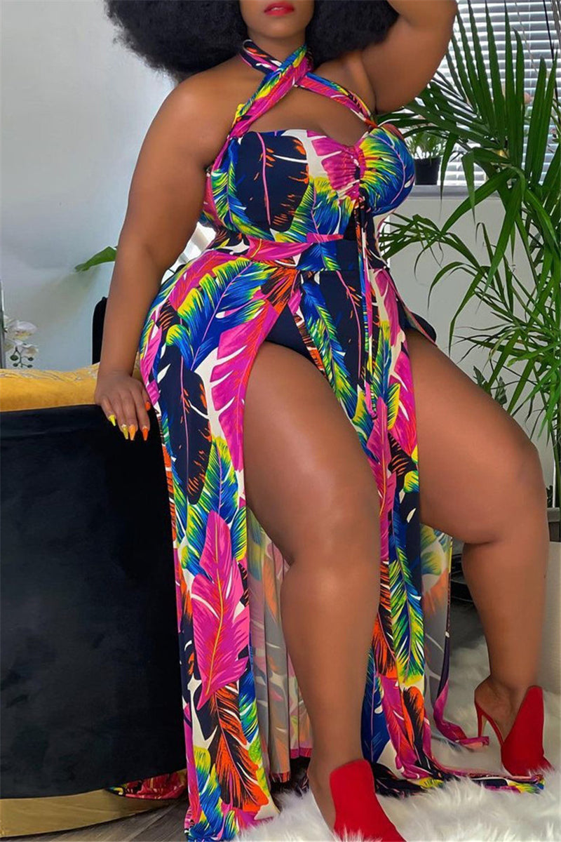 Multicolor Plus Size Print Backless Dress