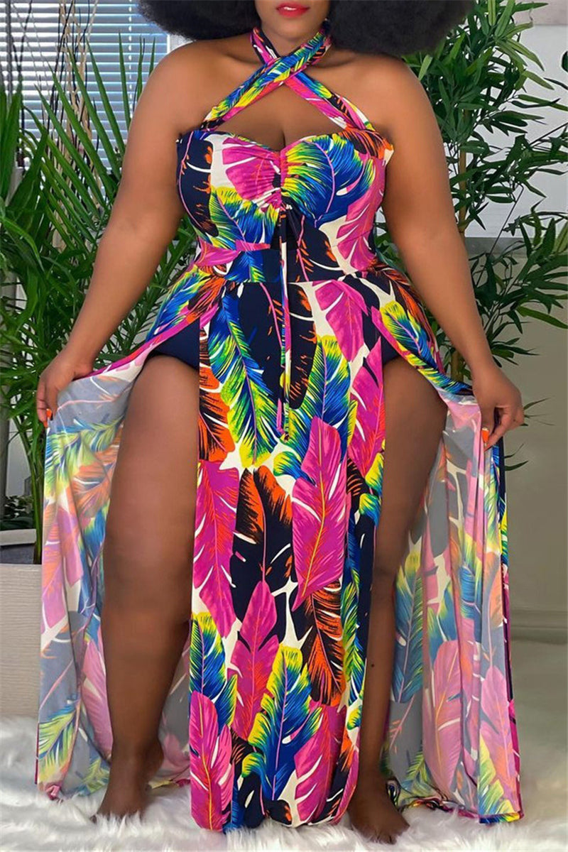Multicolor Plus Size Print Backless Dress