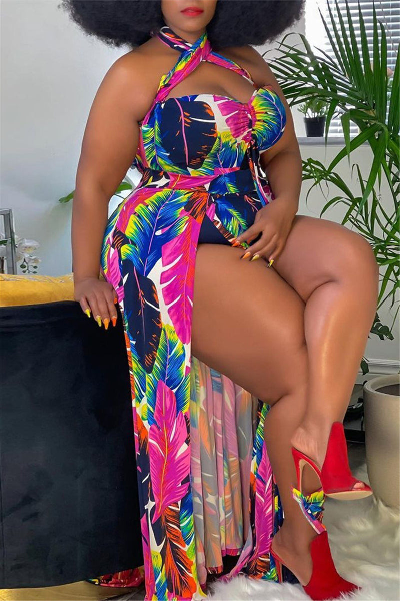 Multicolor Plus Size Print Backless Dress