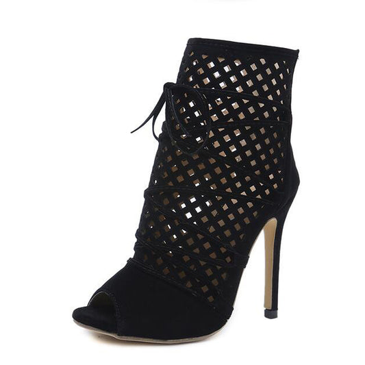 Hollow Out Black Bandage Peep Toe Boot Sandals - Desireez 