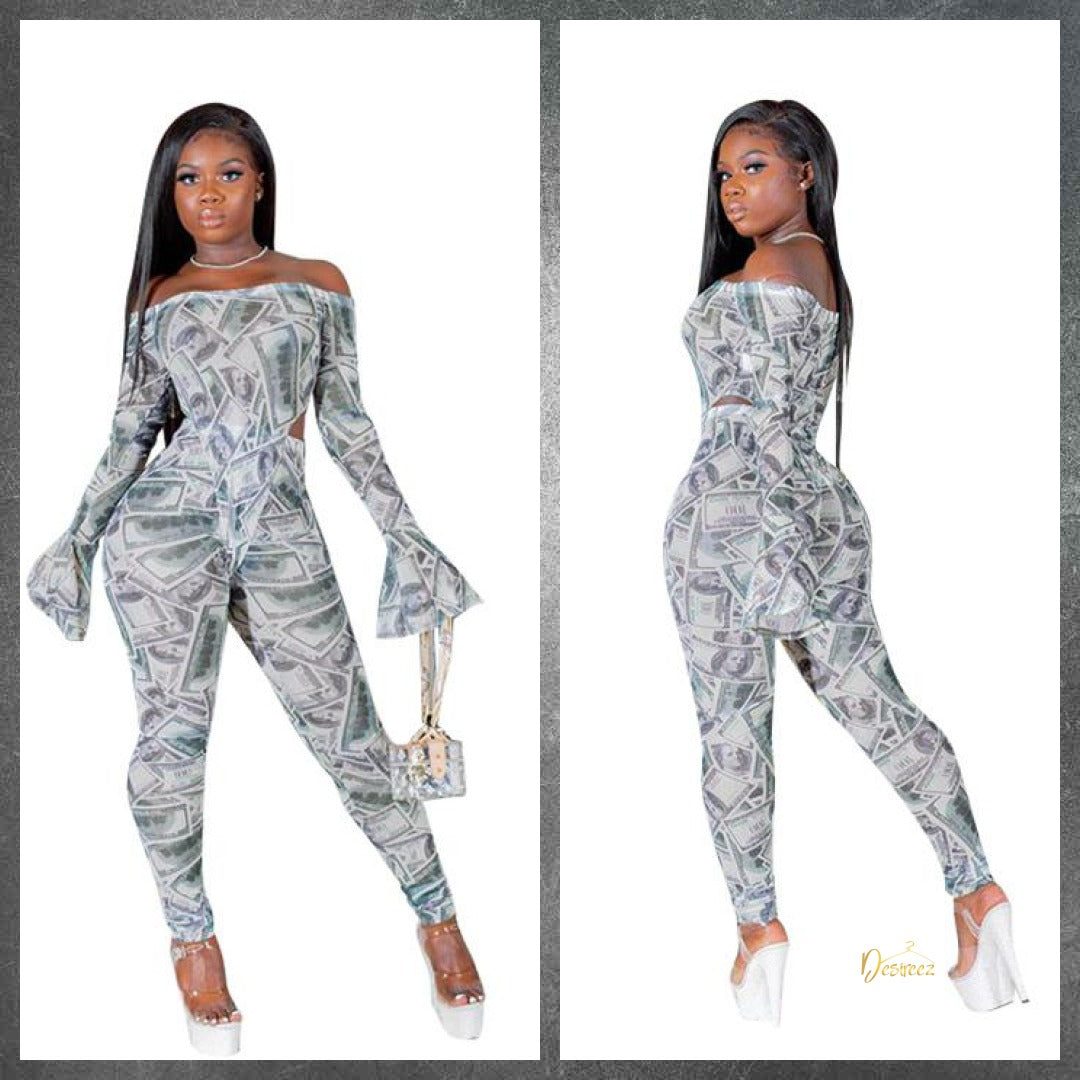 Dollars Print Off-shoulder Horn Sleeve Two-piece Suit by@Outfy
