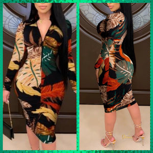 Leaf Print Zipper Design Khaki Knee Length Plus Size Dress by@Outfy