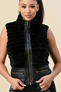 Zipper Pocket Fur Vest Black