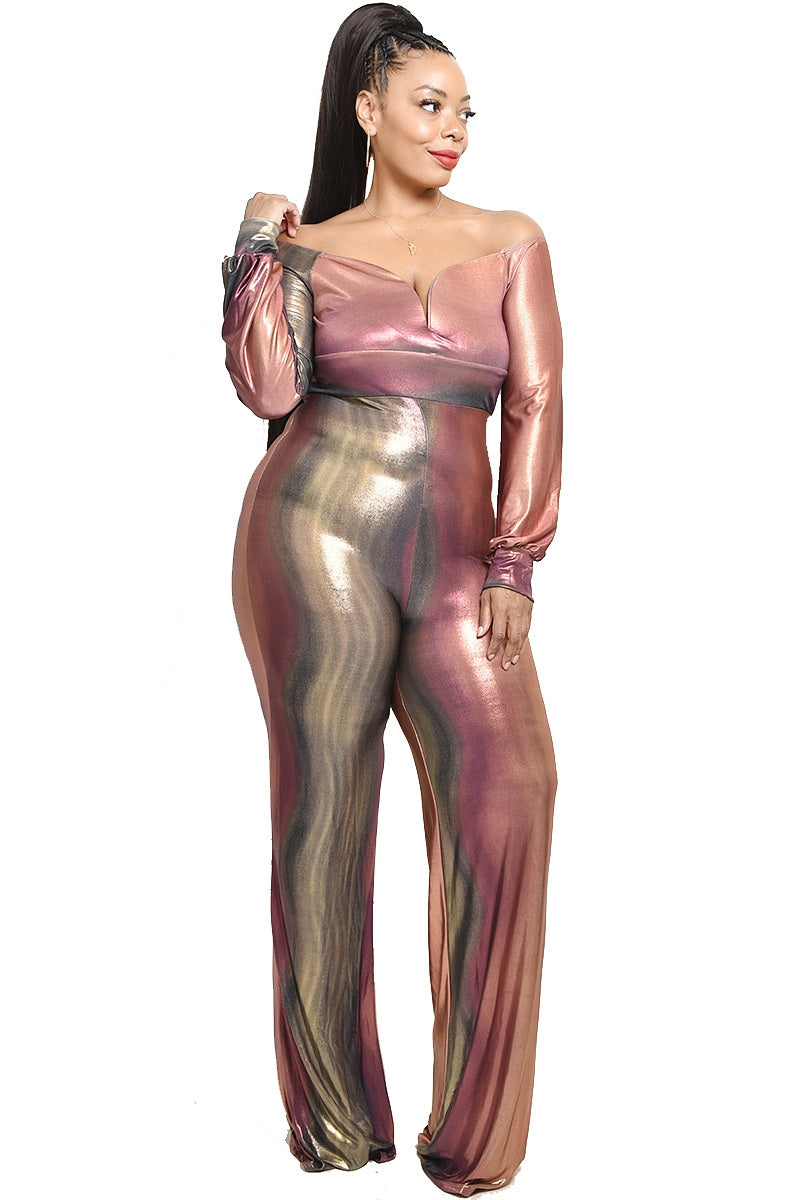 PLUS METALLIC OFF SHOULDER JUMPSUIT