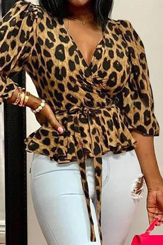 Yellow Fashion Casual Leopard Printing V Neck