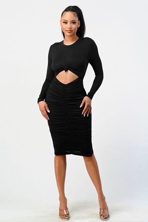 Tie Knot Ruched Midi Dress Black