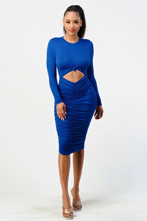 Tie Knot Ruched Midi Dress Blue