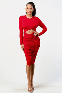 Tie Knot Ruched Midi Dress Red