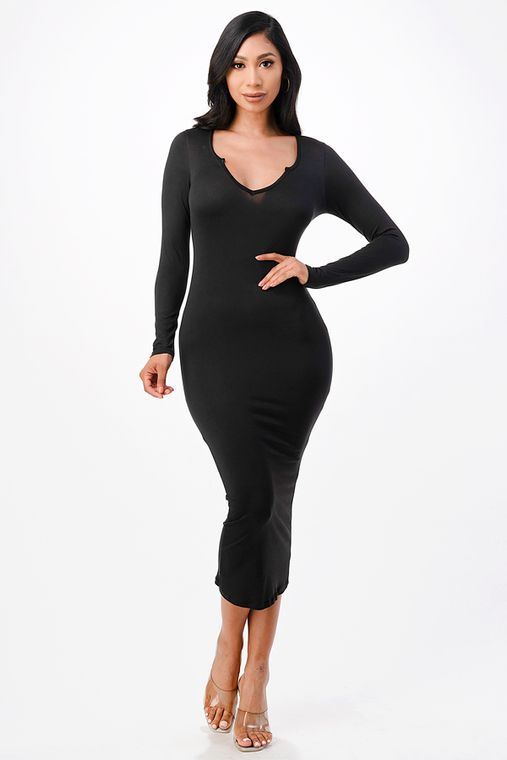 Split Wide V Neck Midi Dress