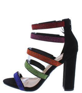Multi Color Embellished Strappy Block Heel