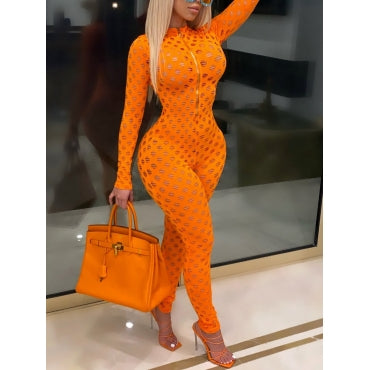 Mandarin Collar Hollow-out Orange One-piece Jumpsuit