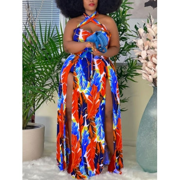 Multicolor Plus Size Print Backless Dress