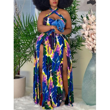 Multicolor Plus Size Print Backless Dress